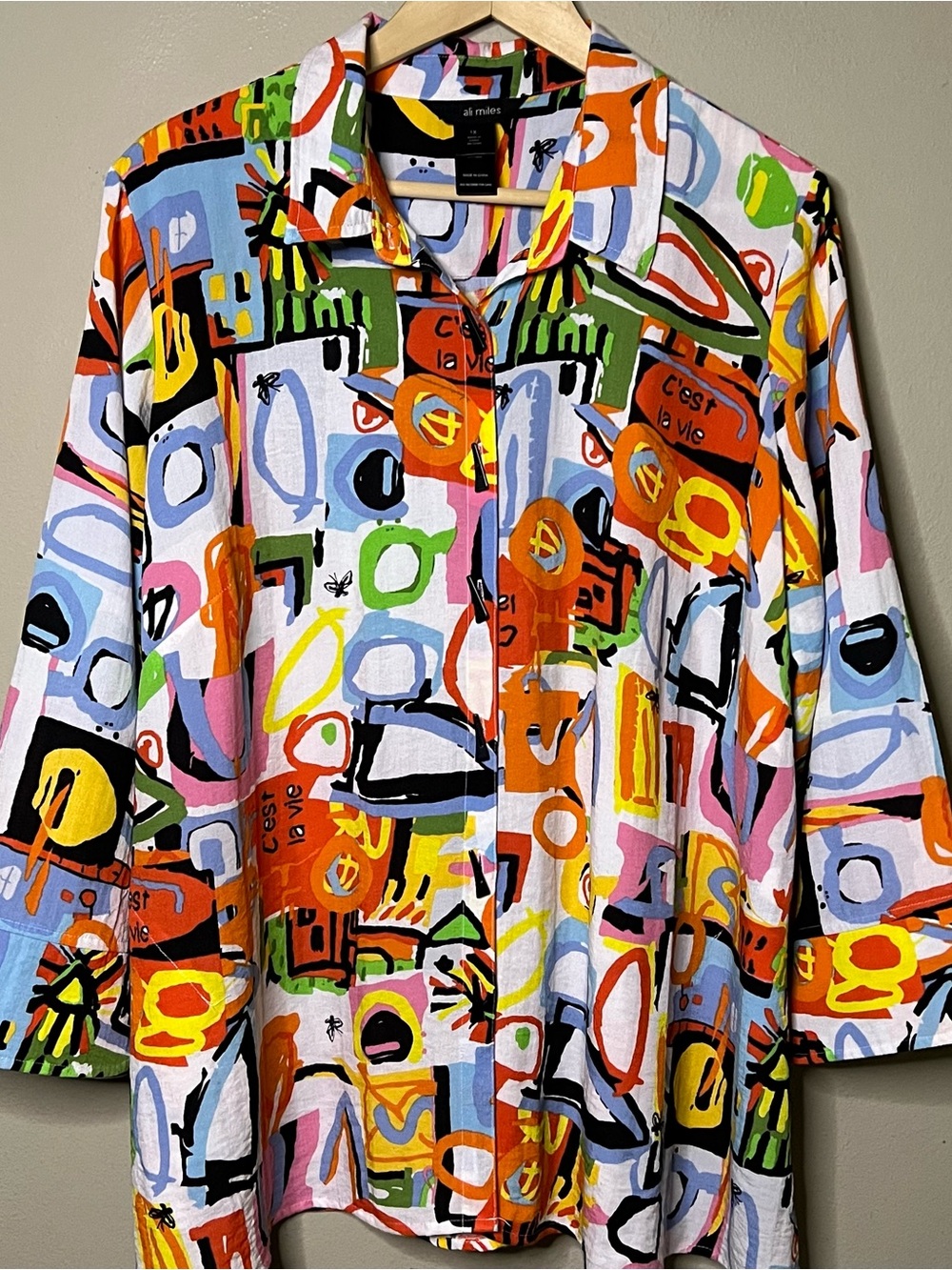 Ali Miles Abstract Pop Art Button Front Shirt Women 1X White Yellow Orange